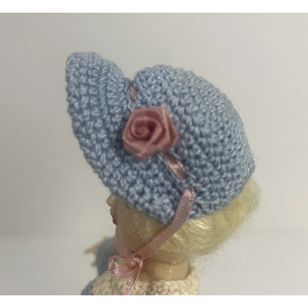 Vintage Plastic Doll Handmade Crocheted Blue DressBlonde Hair Blue Blinking Eyes